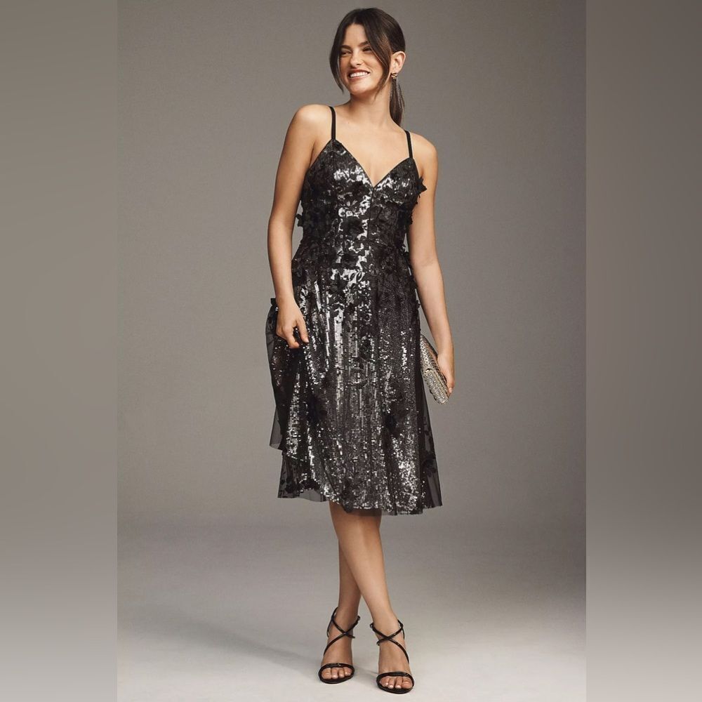 ANTHROPOLOGIE Dress the Population Tahani fit & flare embroidered midi Dress